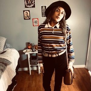 Striped Camel / Navy blue top